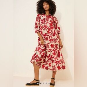 Anthropologie The Bettina Red and Cream Floral Midi Dress